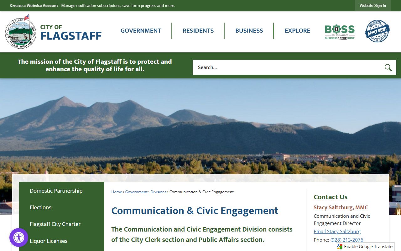 Flagstaff City Clerk website showing city services and contact information