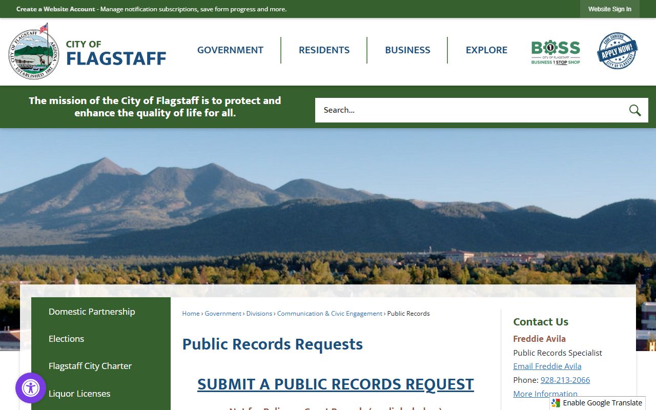 Flagstaff public records page with information on requesting city documents