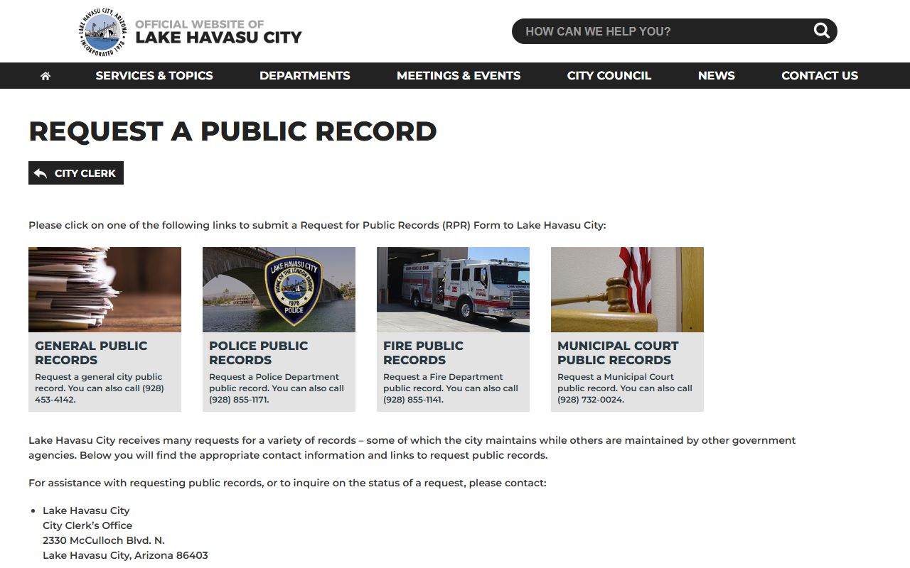 Lake Havasu City public records page directing residents to county vital records