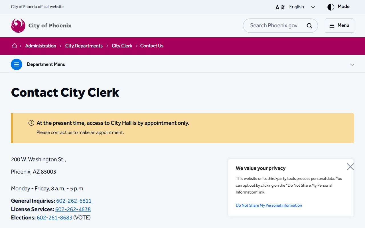 Phoenix City Clerk contact page showing vital records are handled by the state