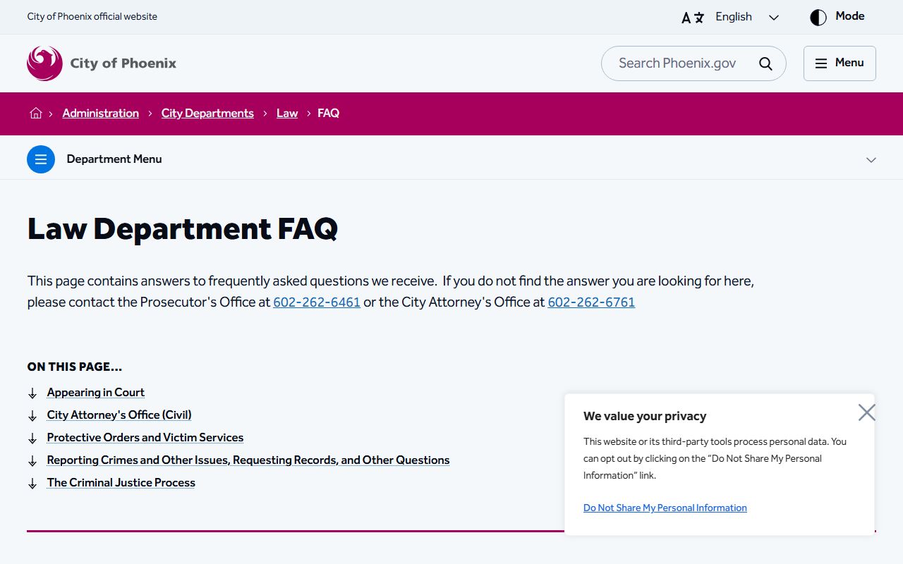 Phoenix City FAQ page directing residents to state vital records for death certificates