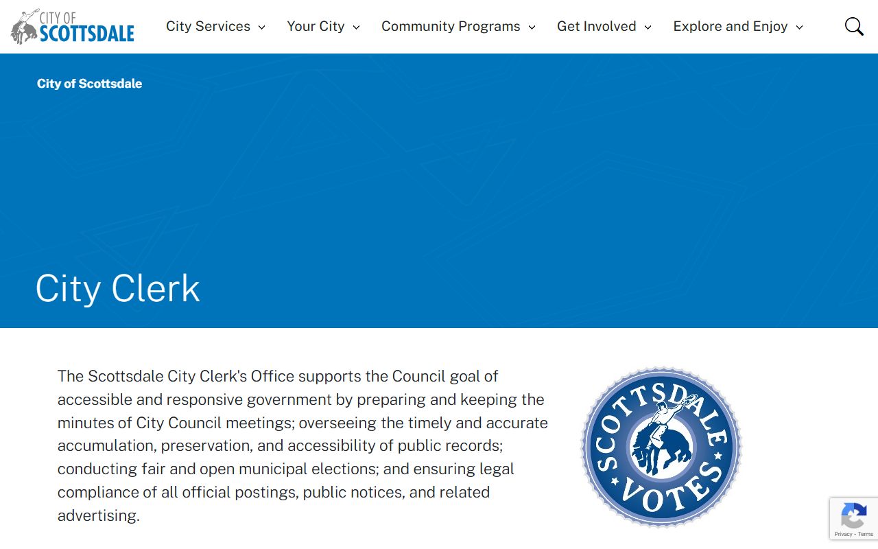 Scottsdale City Clerk page showing vital records link to state