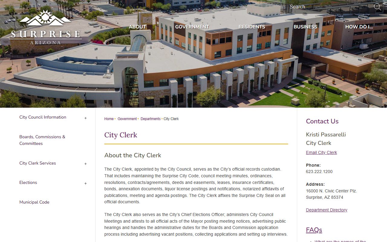 Surprise City Clerk page showing city services