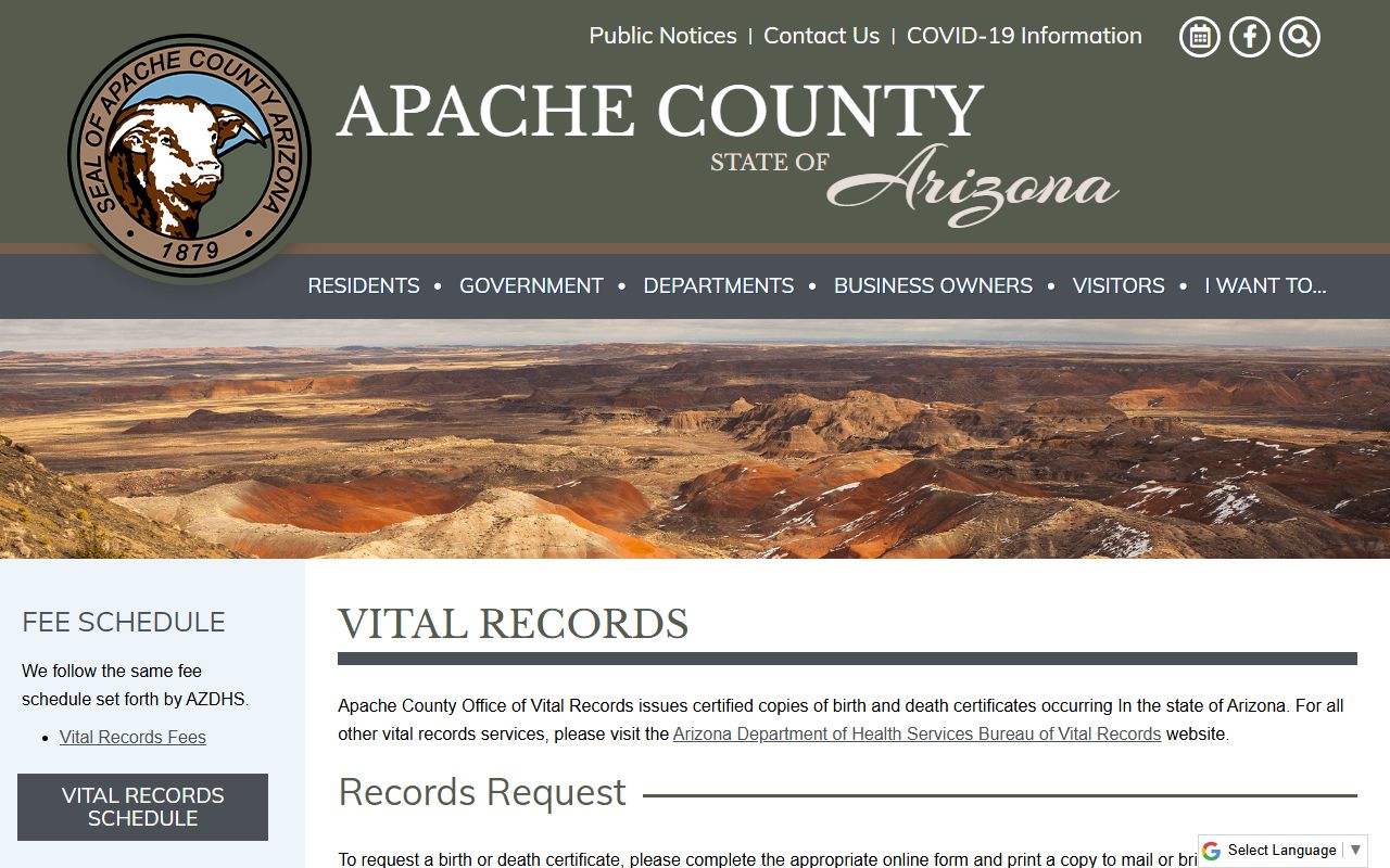 Apache County Office of Vital Records website for death certificates