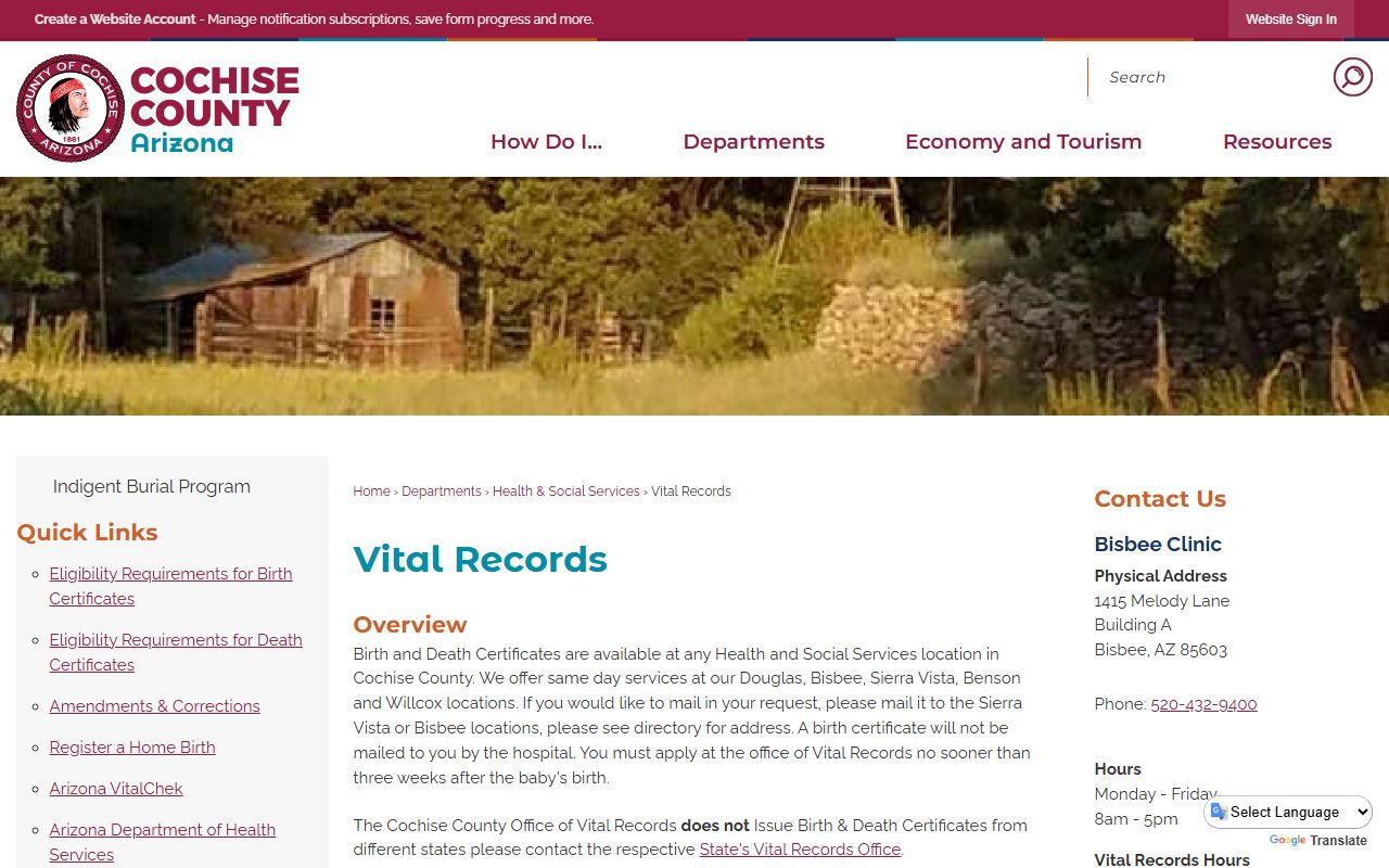 Cochise County Health and Social Services vital records website