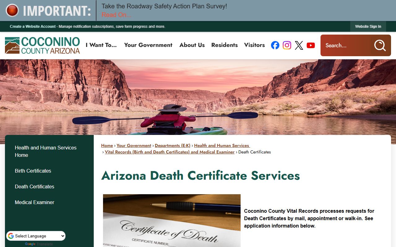 Coconino County Health and Human Services death certificates webpage