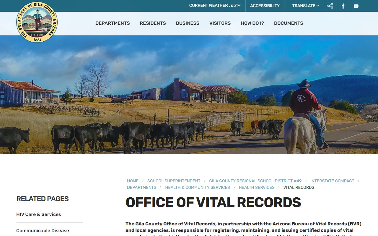Gila County Health Services vital records information for death certificates