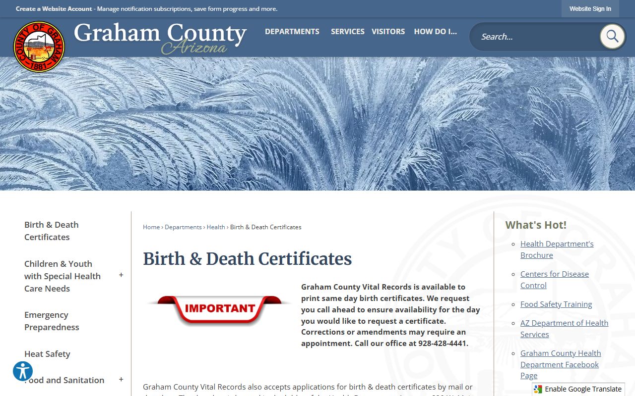 Graham County Vital Records website showing birth and death certificate services