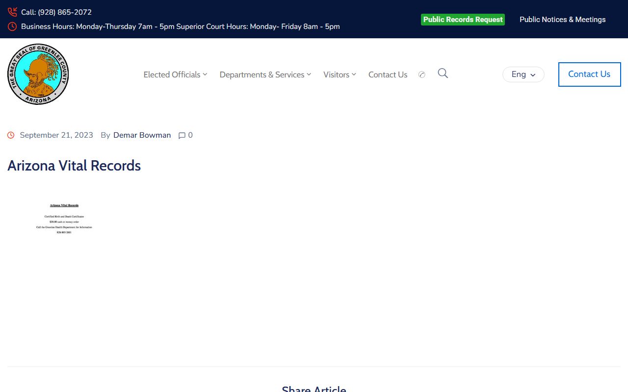 Greenlee County vital records office website for death certificates