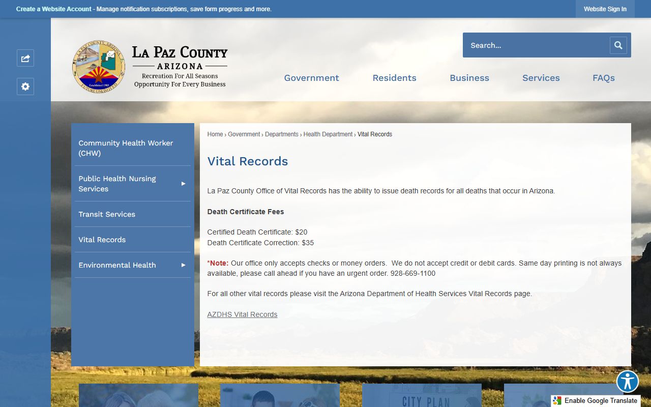 La Paz County vital records office website for death certificates