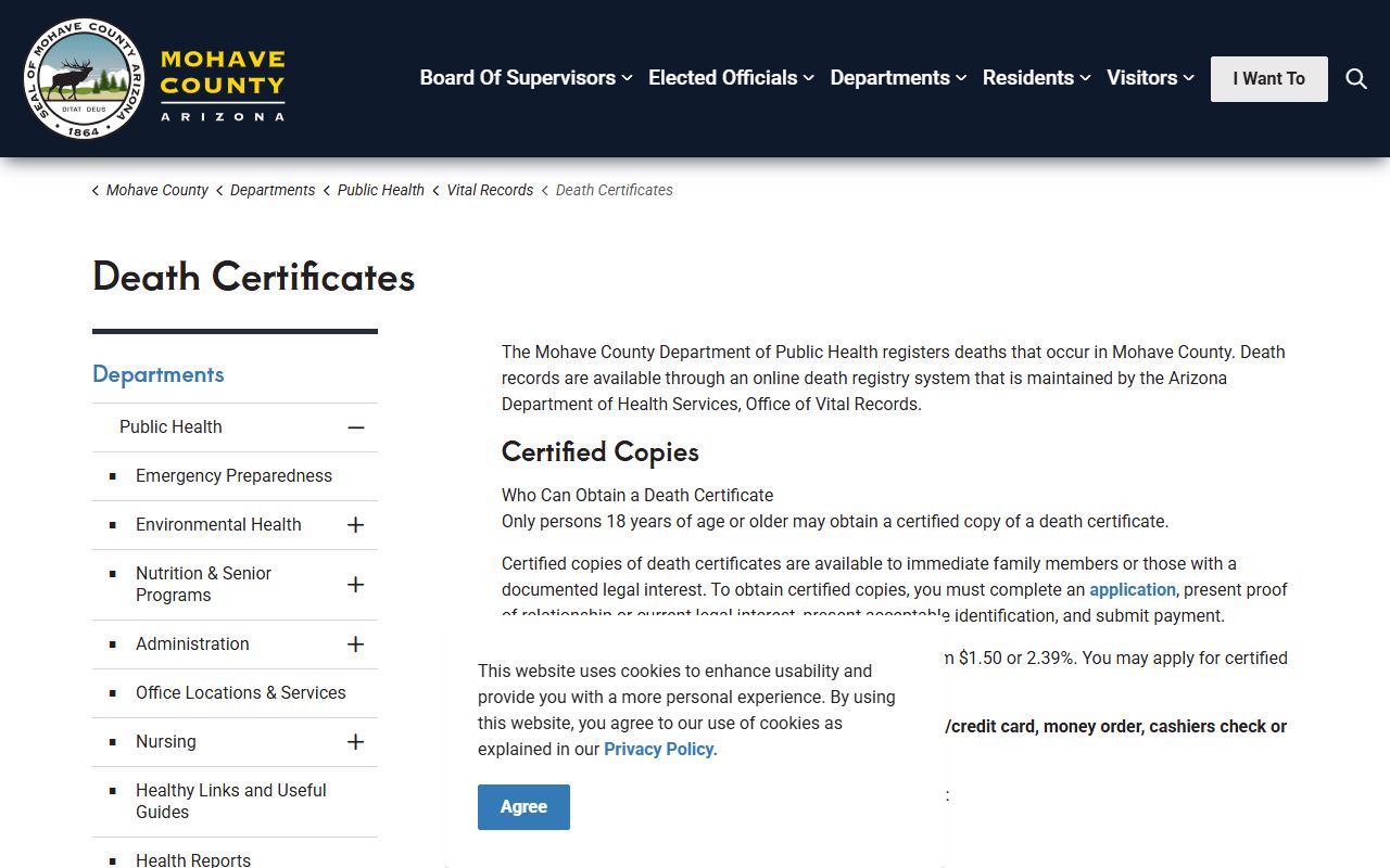 Mohave County death certificate application information page