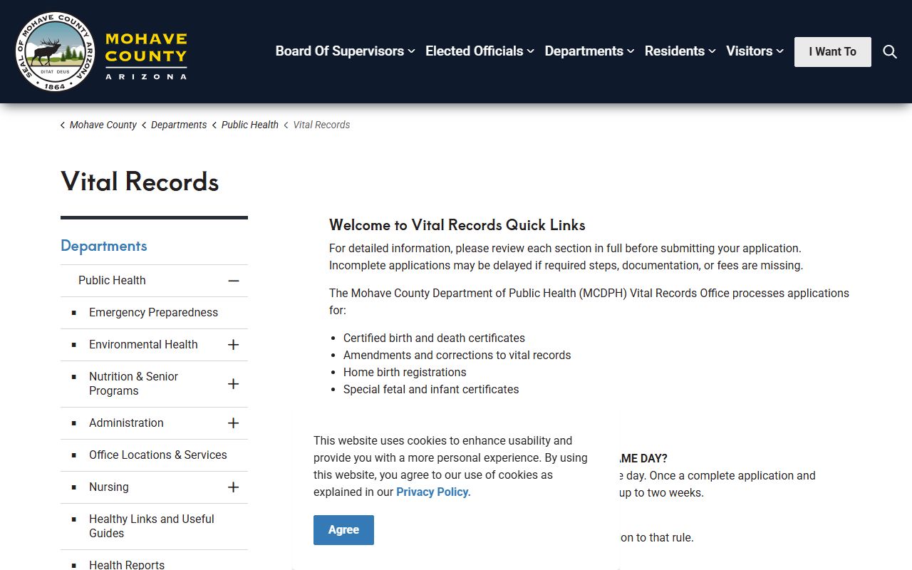 Mohave County Department of Public Health Vital Records website