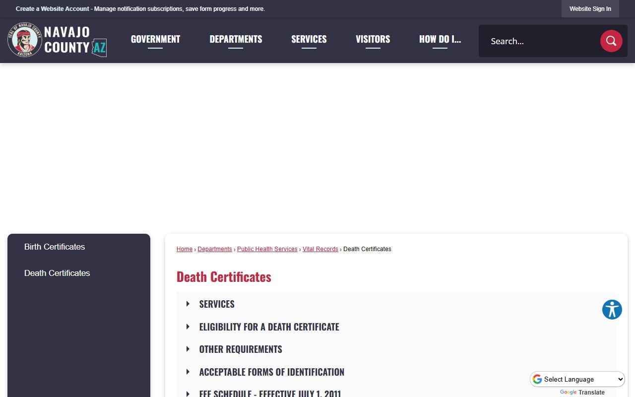 Navajo County death certificates page with forms and information