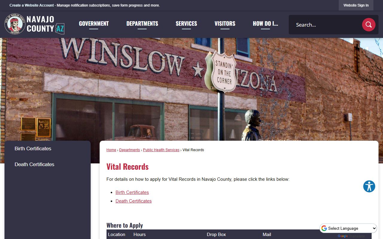 Navajo County vital records page showing services and contact details