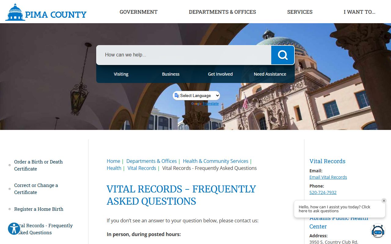 Pima County Vital Records frequently asked questions about eligibility