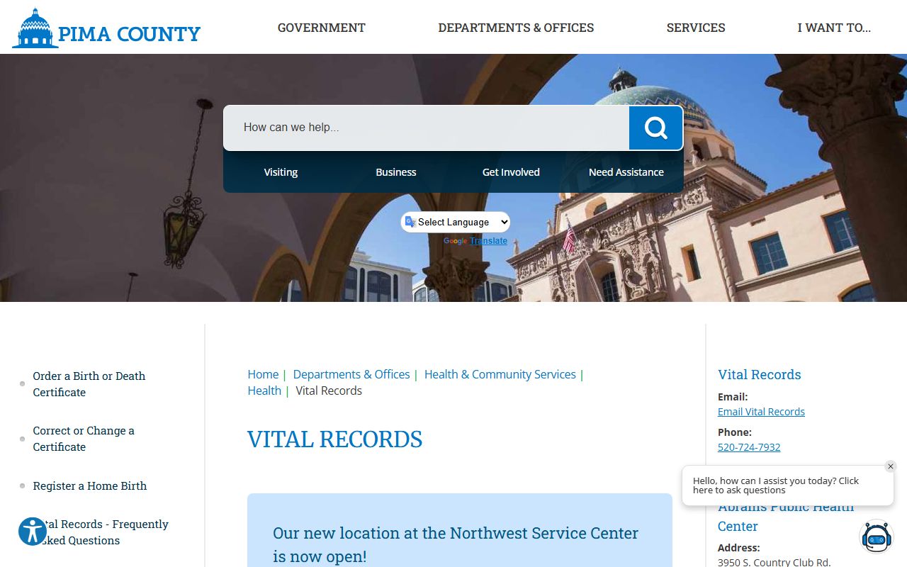 Pima County Vital Records main page with office locations and hours