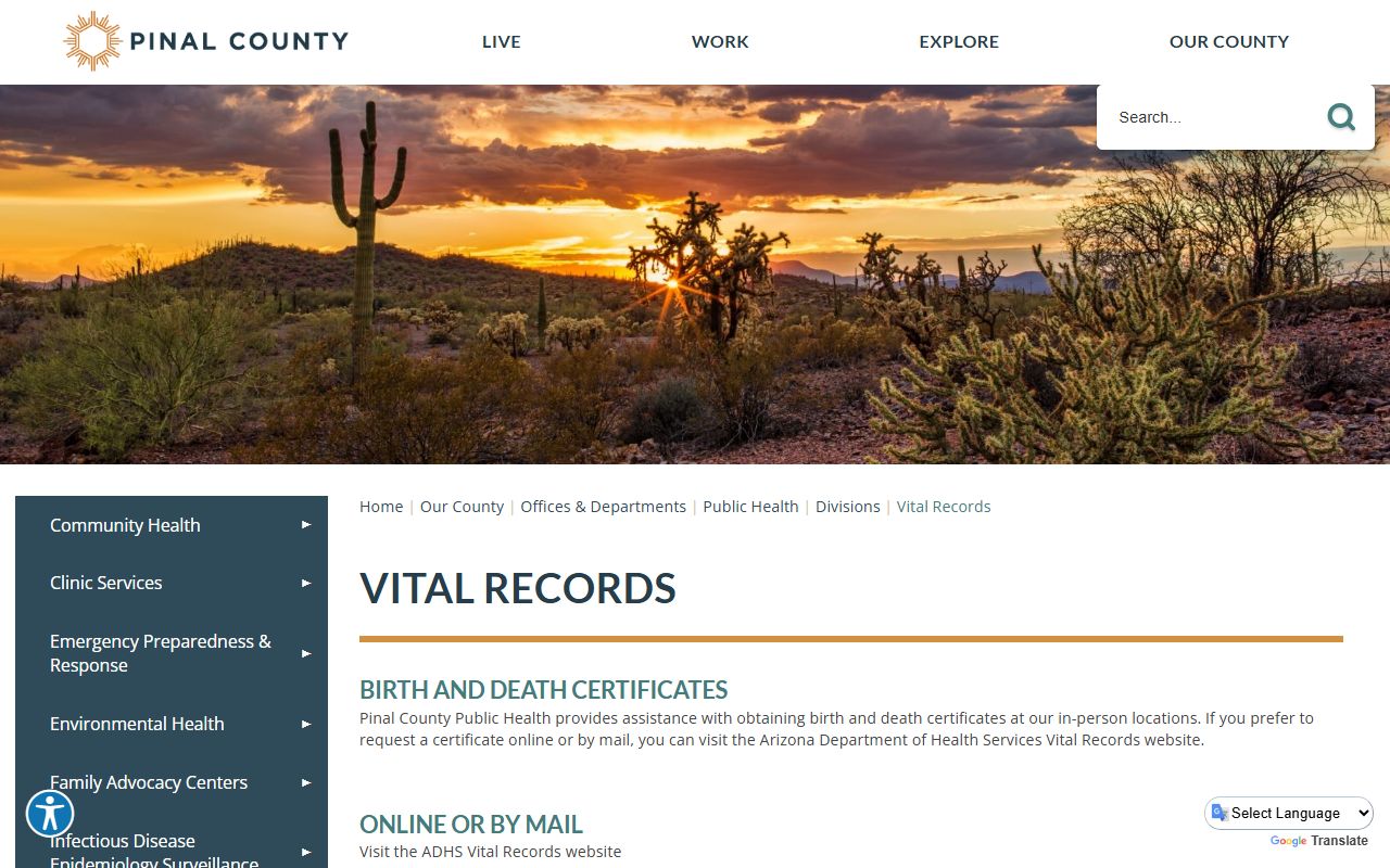 Pinal County Public Health vital records information page