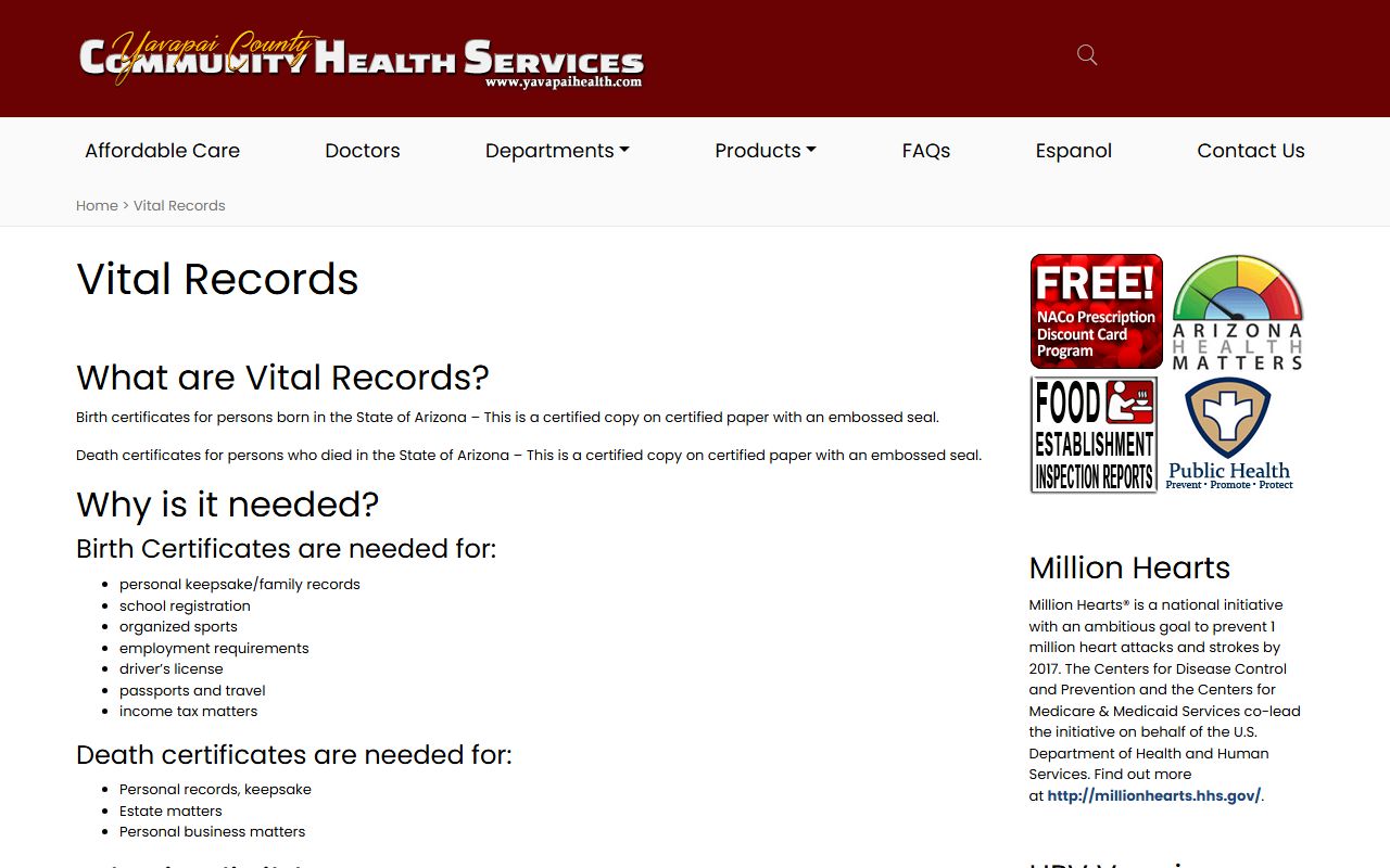 Yavapai County Vital Records website for death certificates