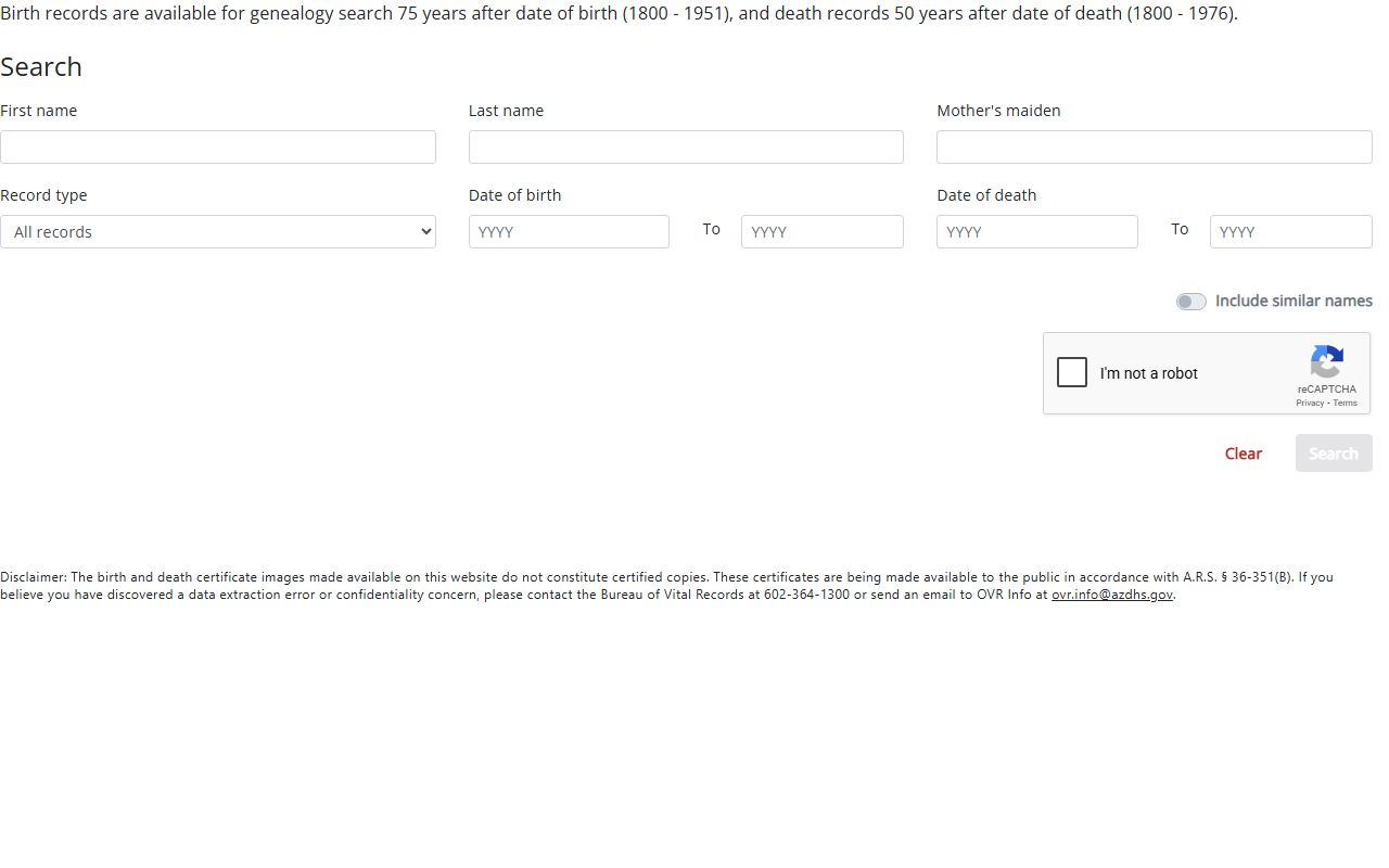Arizona genealogy record search interface for historical death records