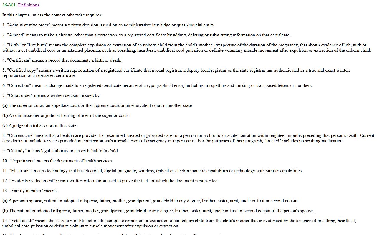 Arizona Revised Statutes 36-301 vital records definitions