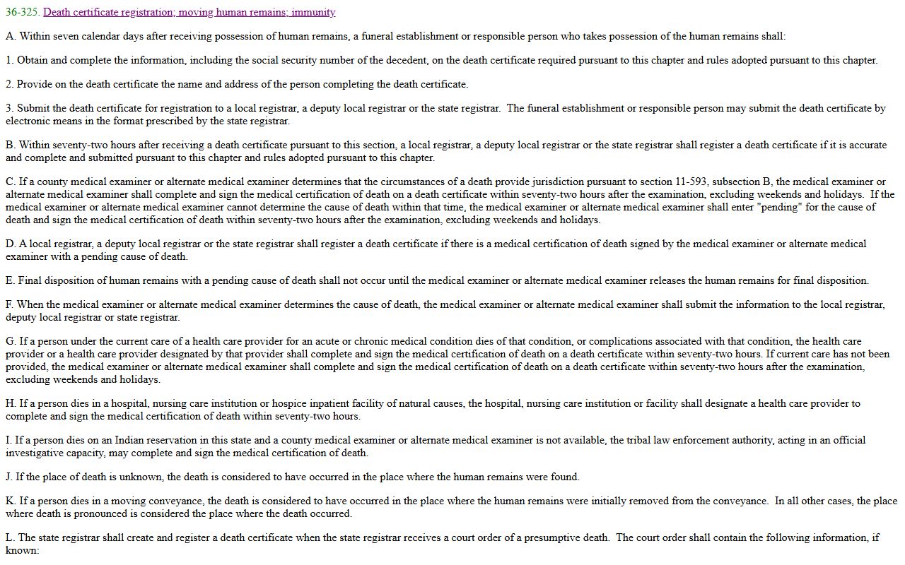 Arizona statute 36-325 on death certificate registration requirements