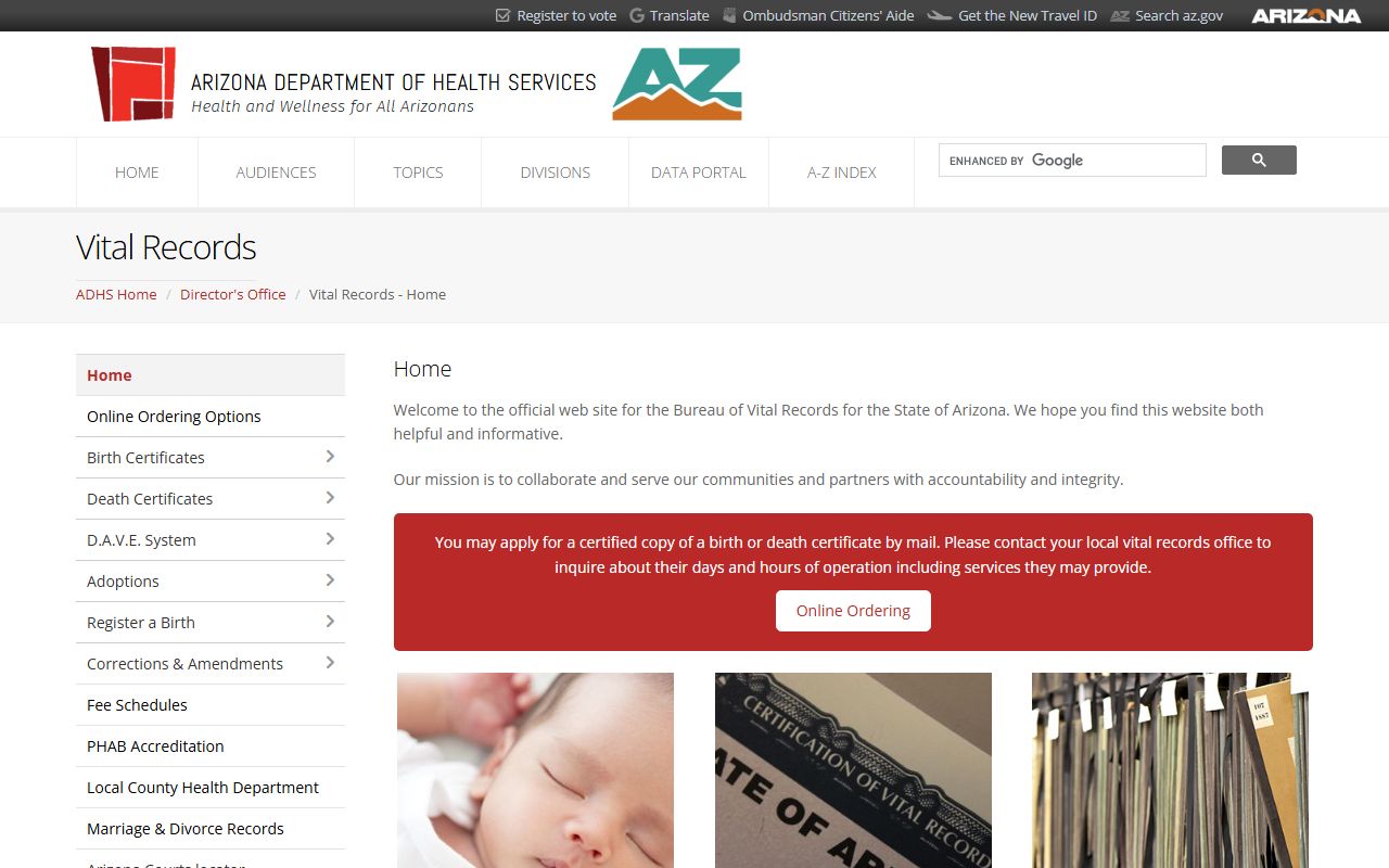 Arizona Department of Health Services Bureau of Vital Records main page
